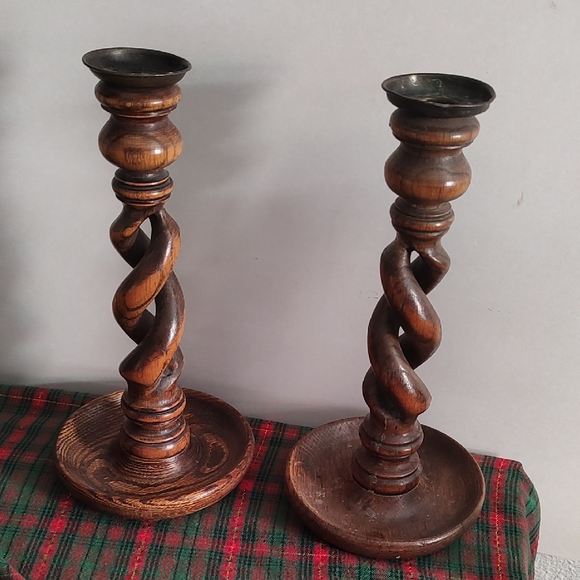 Vintage Other - Carved Wood Barley Twist Taper Candle Stick Holders Vintage Antique Set 2
